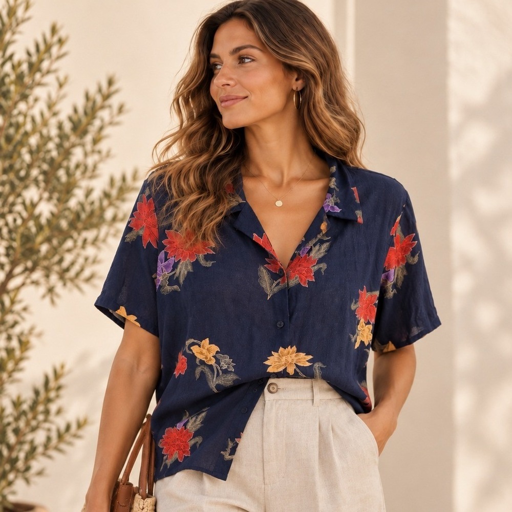 Liz Claiborne Navy 100% Rayon Short Sleeve Button Down Shirt Women Size 8 #409